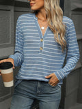 Striped Henley T-Shirt with Button Detail - Trendsi - Flyclothing LLC