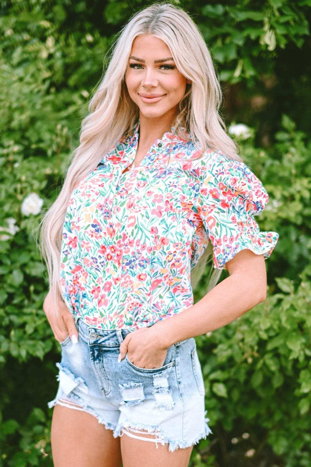Printed Notched Short Sleeve Blouse - Trendsi - Flyclothing LLC