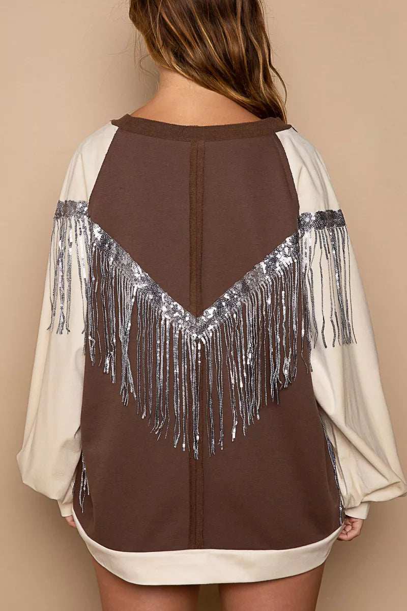POL Balloon Sleeve French Terry Sweatshirt with Sequin Tassel - Trendsi - Flyclothing LLC