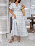 Devine Smocked Printed V-Neck Short Sleeve Maxi Dress - Trendsi - Flyclothing LLC