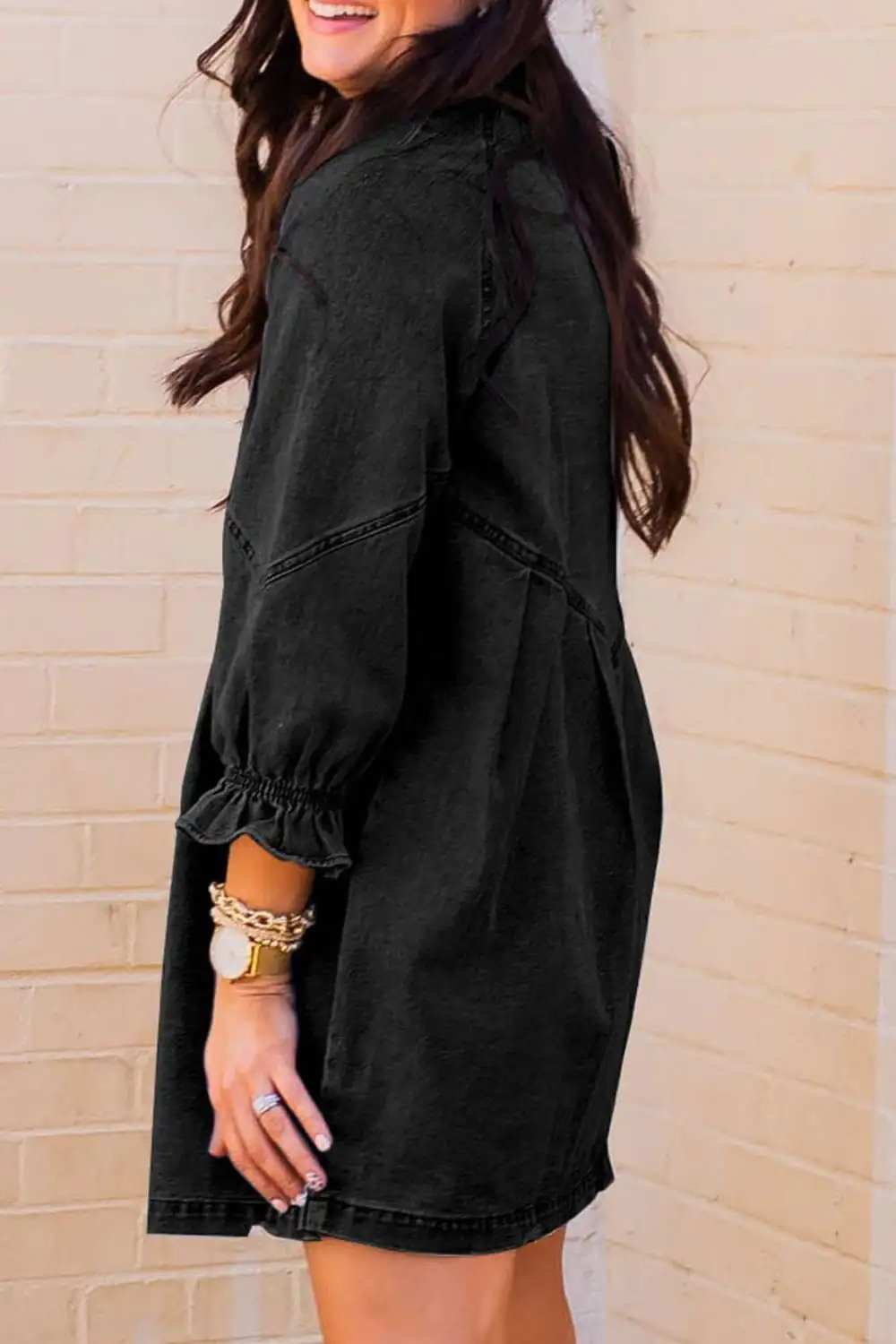 Distressed Collared Neck Flounce Sleeve Denim Dress - Trendsi - Flyclothing LLC