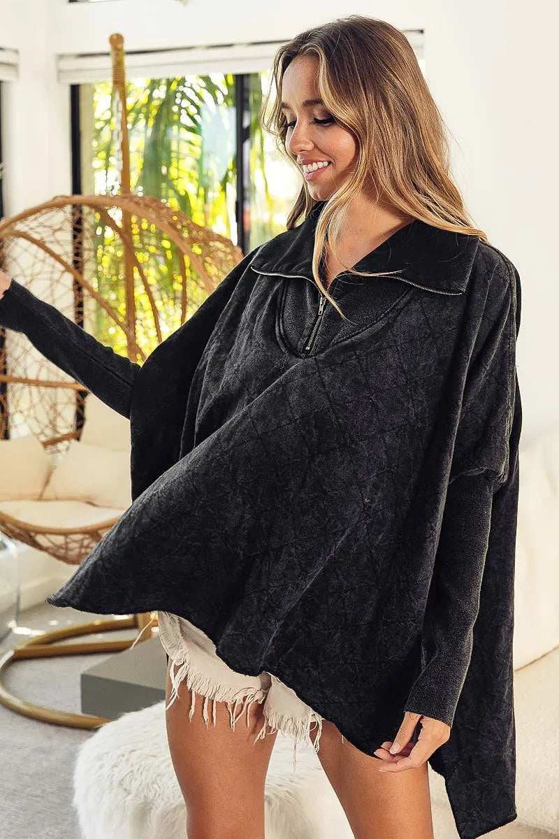 BiBi Vintage Washed Quilted Half Zip Top - Trendsi - Flyclothing LLC