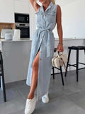 Button Front Sleeveless Denim Dress - Trendsi - Flyclothing LLC