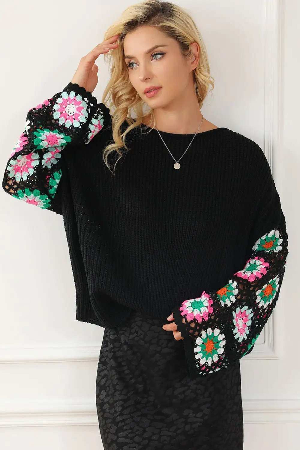 Crochet Round Neck Long Sleeve Knit Top - Trendsi - Flyclothing LLC