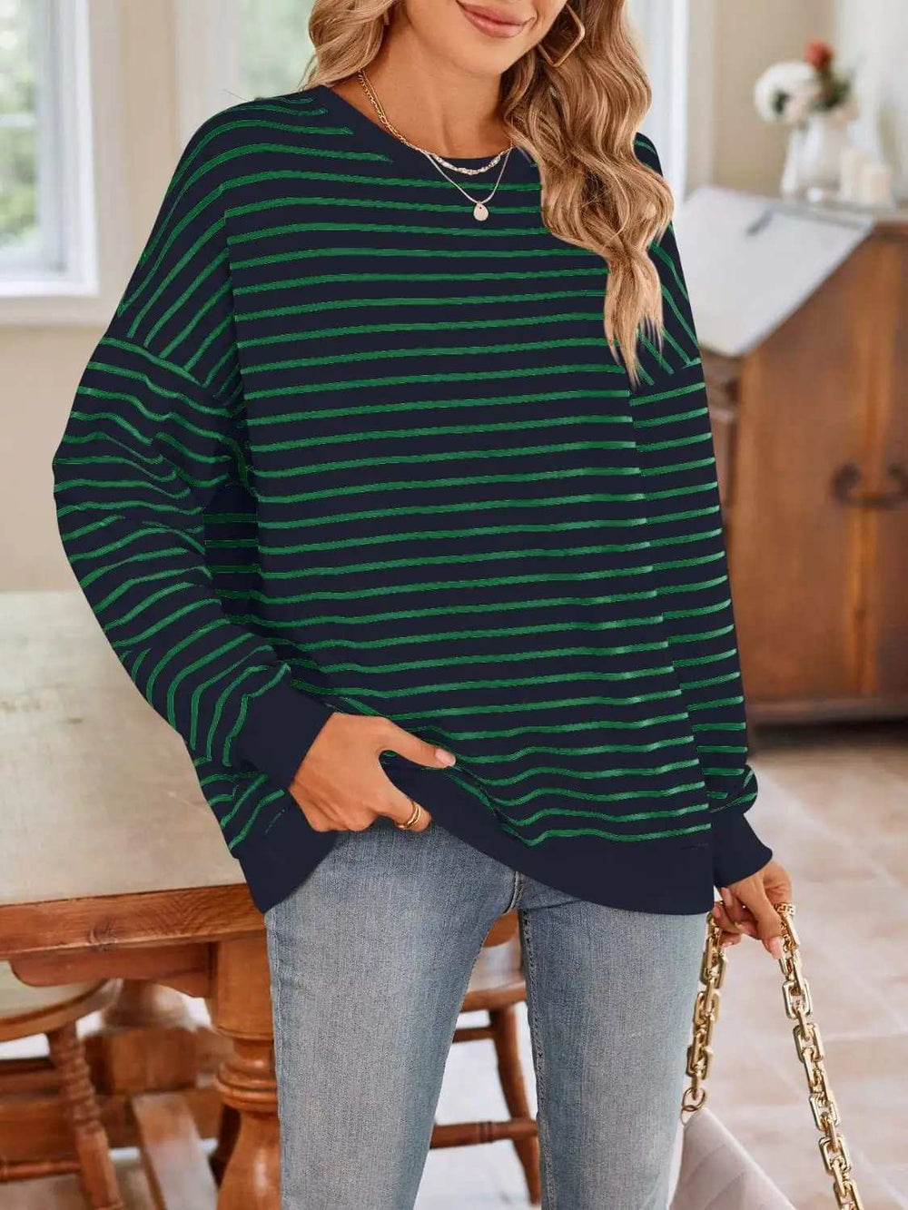 Striped Round Neck Long Sleeve Sweatshirt - Trendsi - Flyclothing LLC