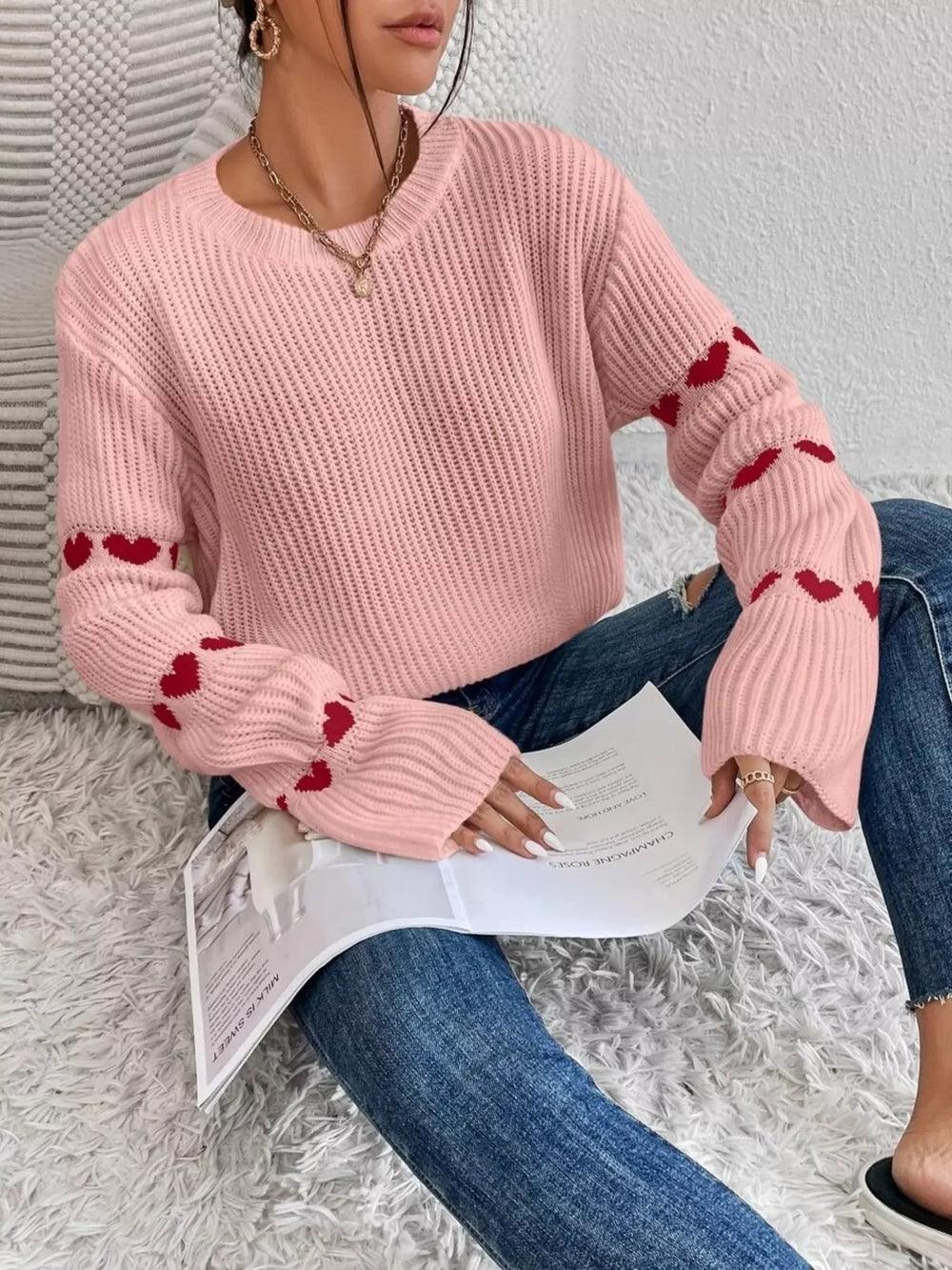 Heart Pattern Round Neck Sweater - Trendsi - Flyclothing LLC