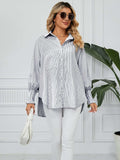 Striped Collared Neck Long Sleeve Shirt - Trendsi - Flyclothing LLC