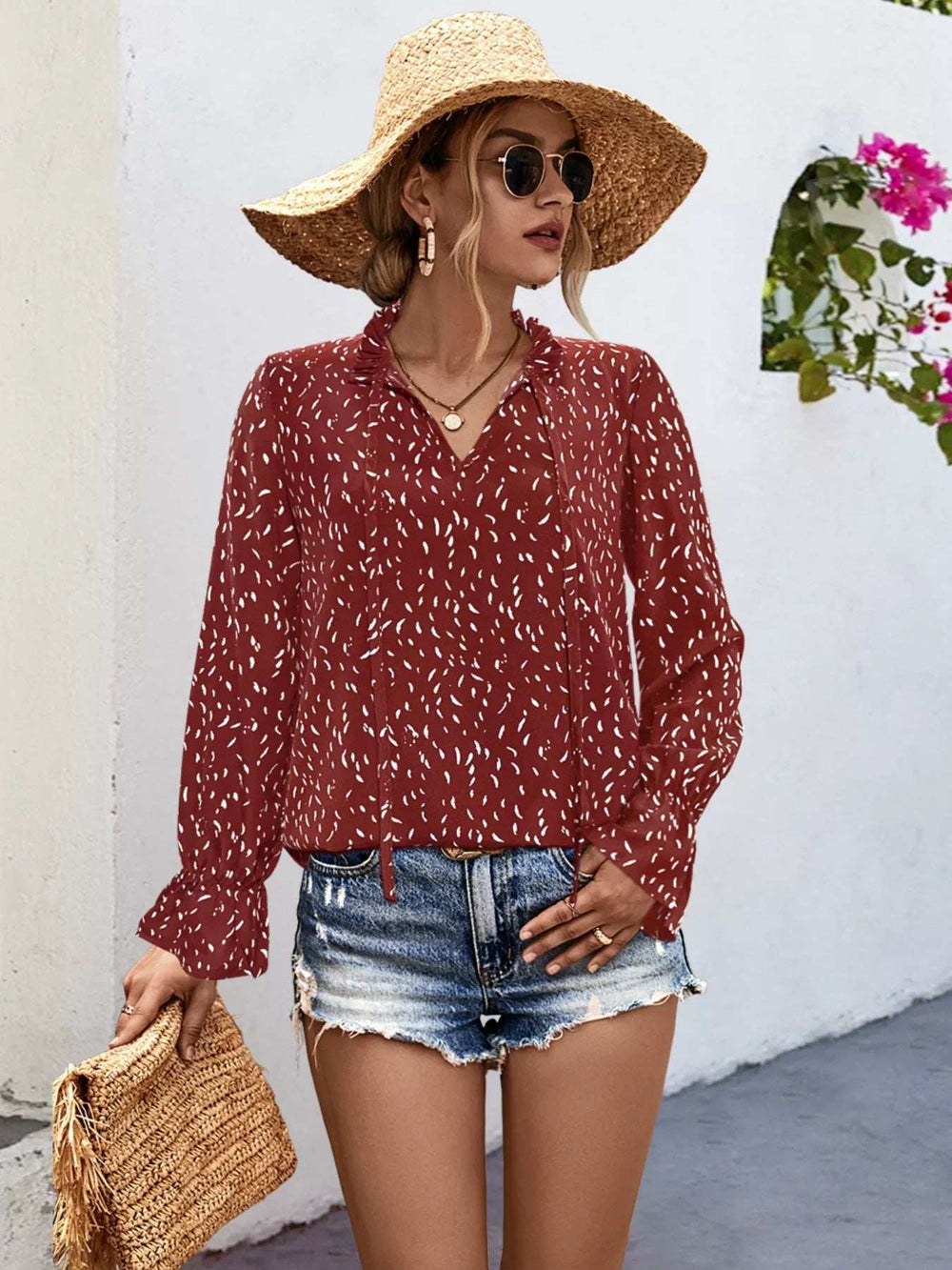 Ruffled Printed Tie Neck Long Sleeve Blouse - Trendsi - Flyclothing LLC
