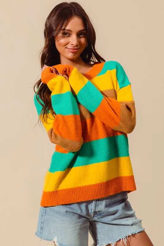 SO ME Multi Color Stripe Sweater with Ribbed Detail - Trendsi - Flyclothing LLC