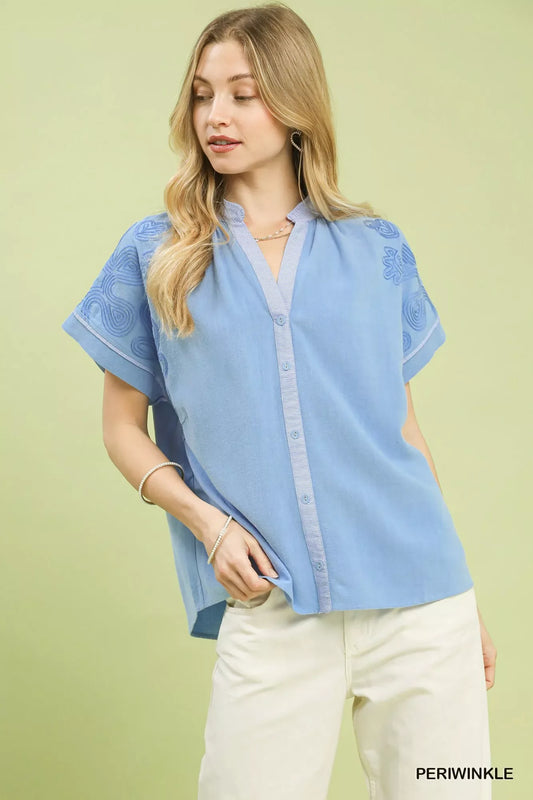 Umgee Embroidered Button Front Top - Trendsi - Flyclothing LLC