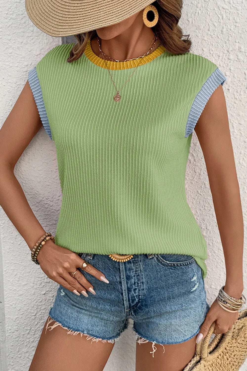 Contrast Trim Ribbed Knit Sleeveless Top - Trendsi - Flyclothing LLC