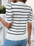 Striped Round Neck Puff Sleeve Knit Top - Trendsi - Flyclothing LLC