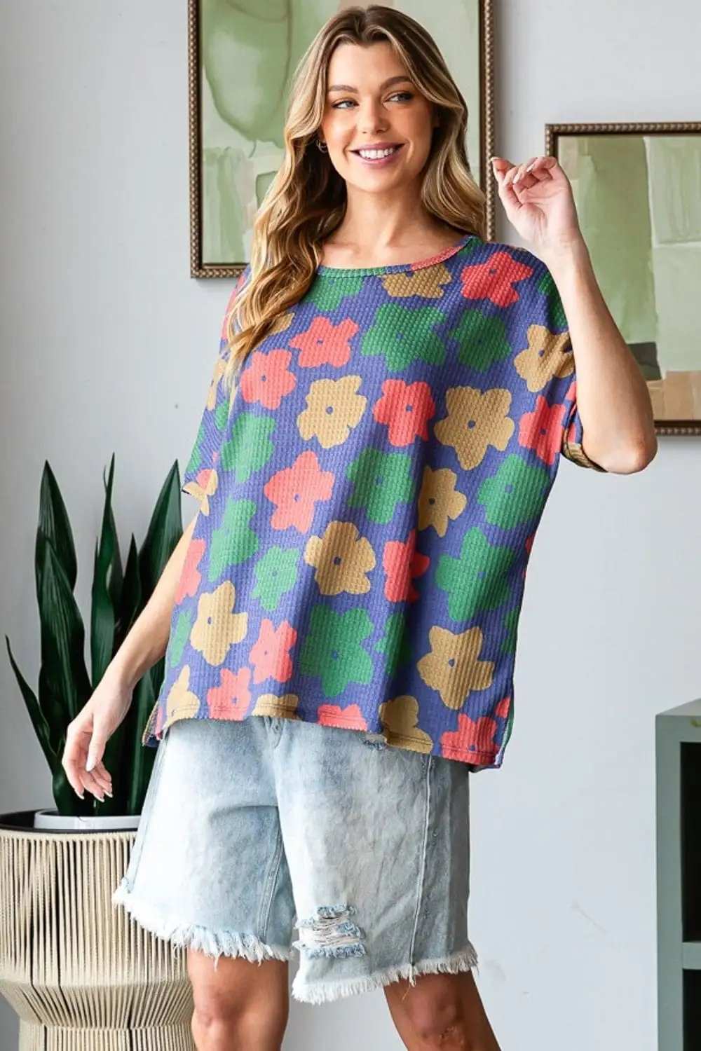 HOPELY Full Size Floral Round Neck Side Slit T-Shirt - Trendsi - Flyclothing LLC