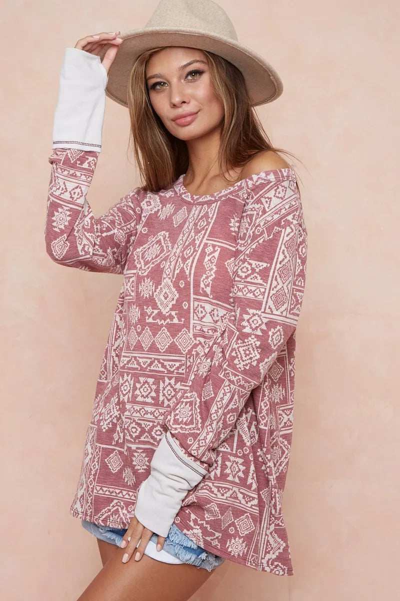 BiBi Aztec Print French Terry Top with Thumb Opening - Trendsi - Flyclothing LLC