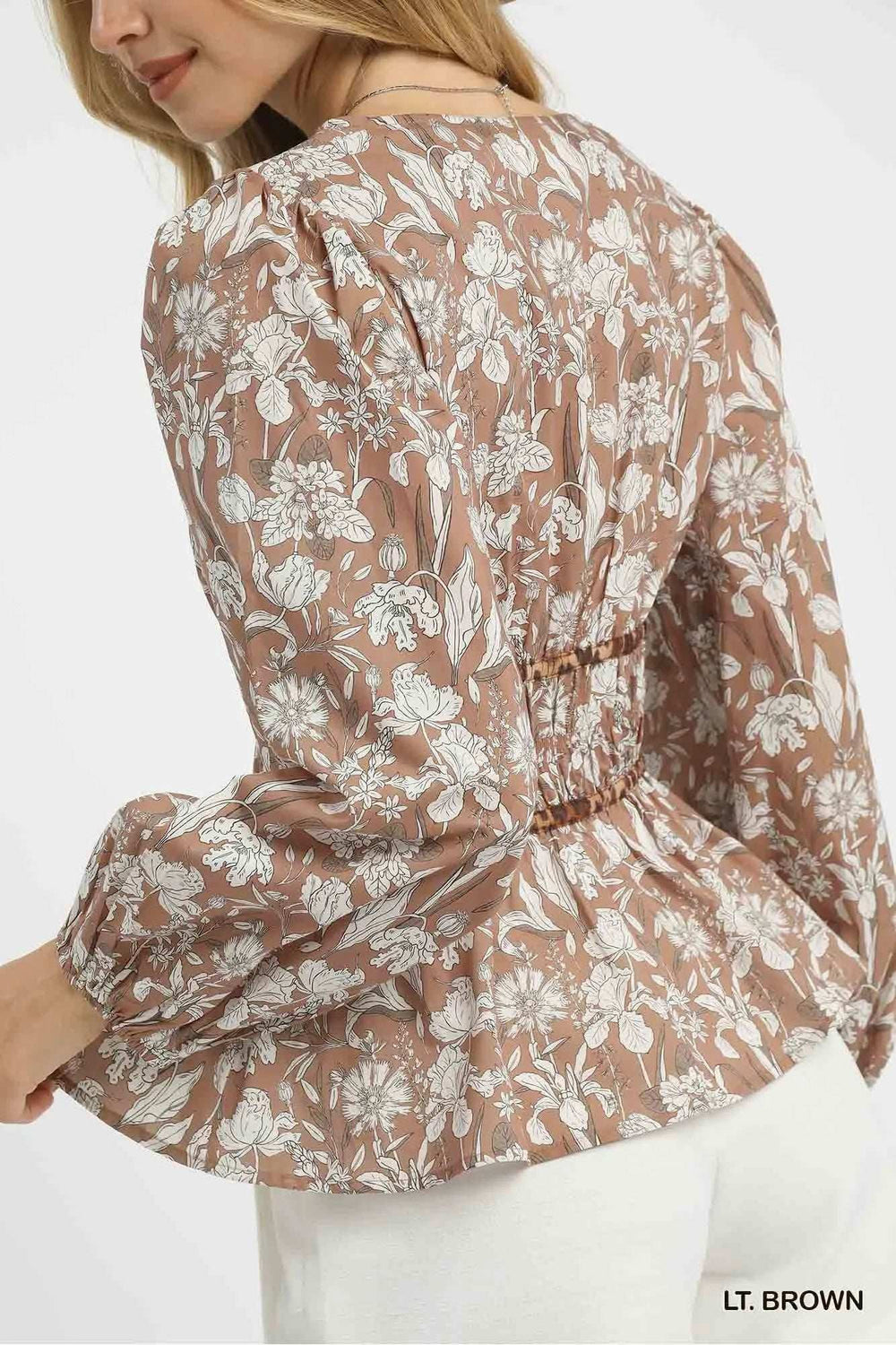 Umgee Floral Smocked Peplum Blouse with Tie Detail - Trendsi - Flyclothing LLC