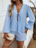 Tied Long Sleeve Top and Shorts Set - Trendsi - Flyclothing LLC