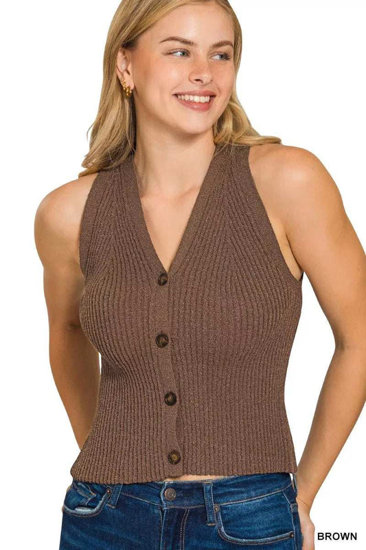 Zenana Ribbed Knit Button-Down Sweater Vest - Trendsi - Flyclothing LLC