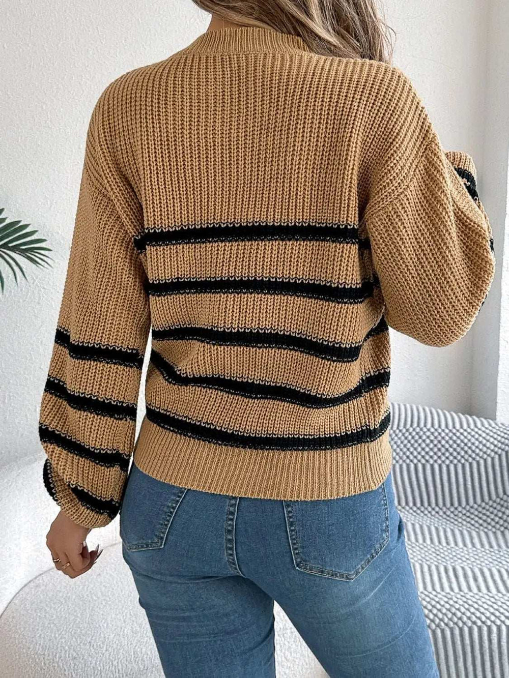 Striped Round Neck Long Sleeve Sweater - Trendsi - Flyclothing LLC