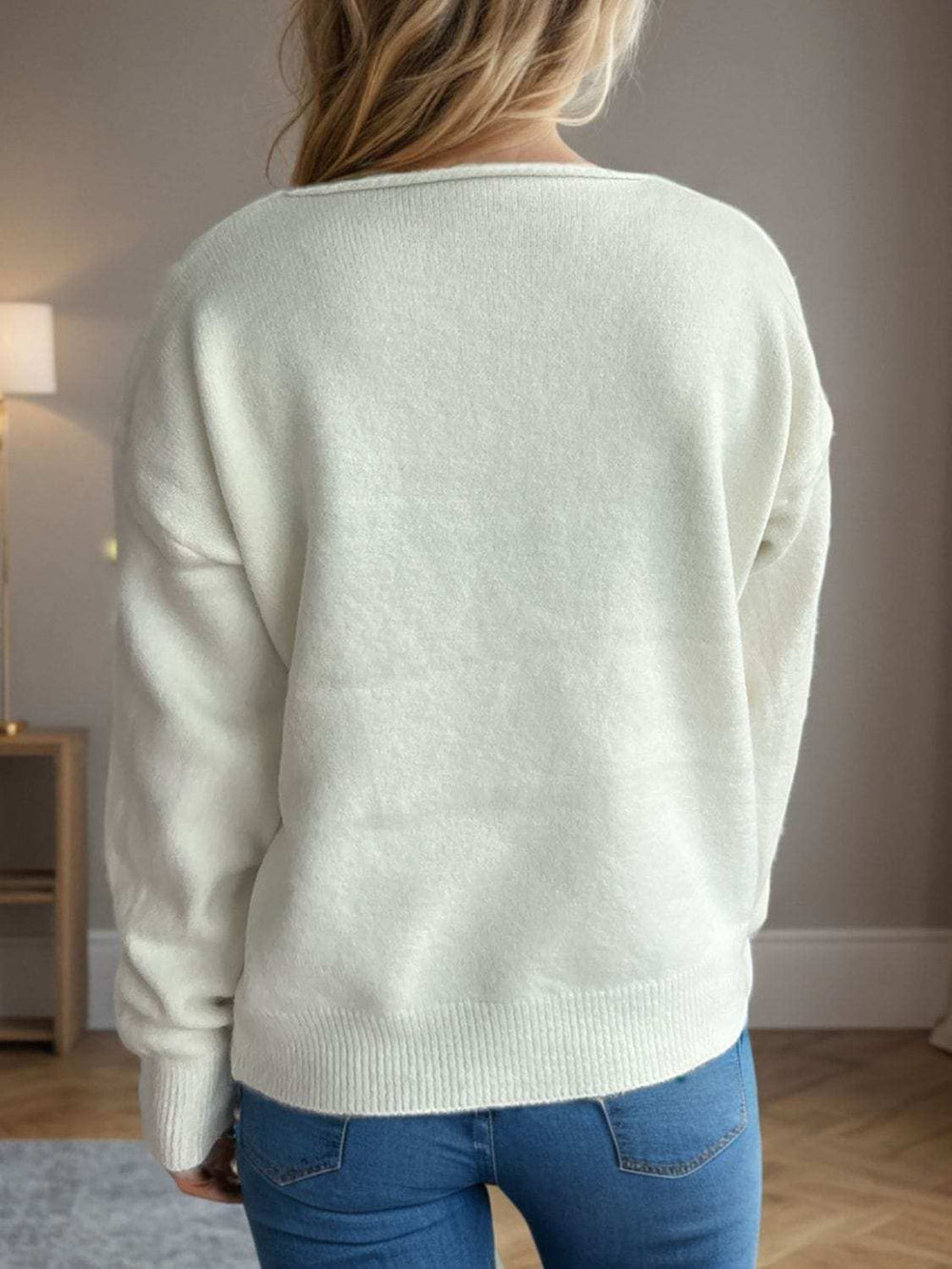 V-Neck Dropped Shoulder Long Sleeve Sweater - Trendsi - Flyclothing LLC