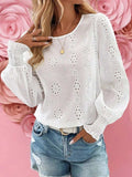 Eyelet Long Sleeve Blouse with Elastic Cuffs - Trendsi - Flyclothing LLC