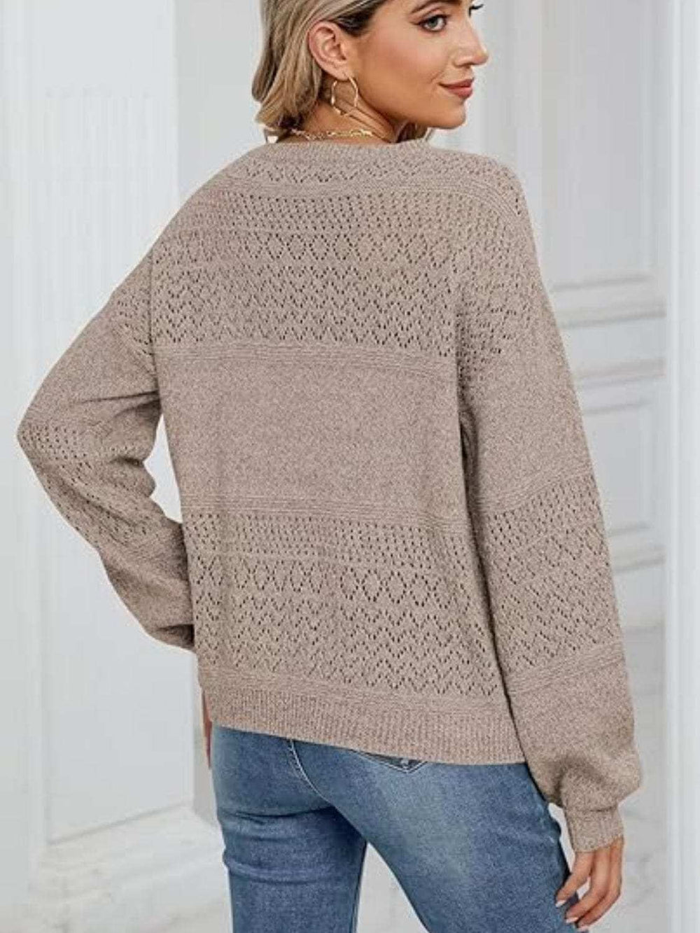 Eyelet V-Neck Long Sleeve Sweater - Trendsi - Flyclothing LLC