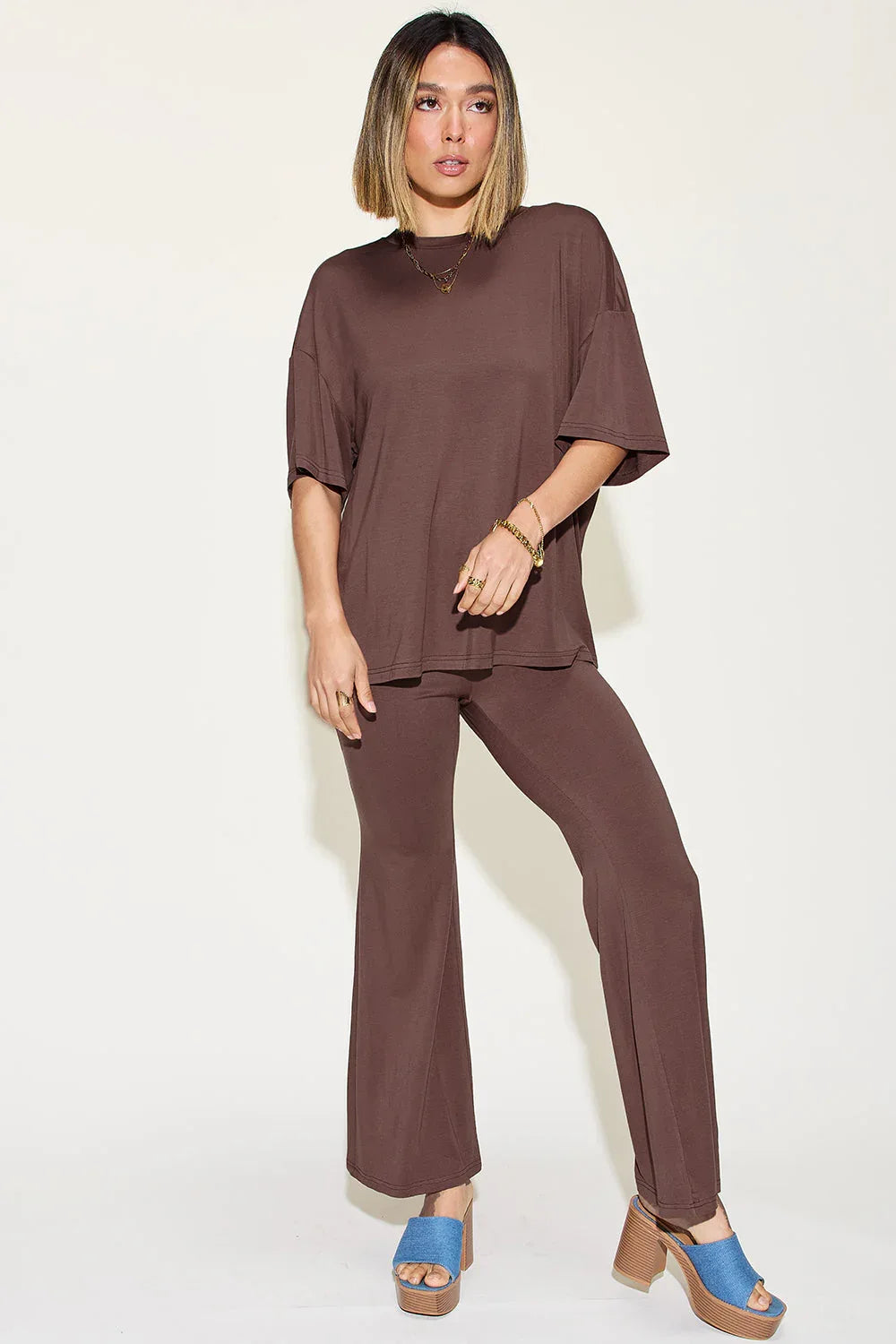 Basic Bae Full Size Bamboo Drop Shoulder T-Shirt and Flare Pants Set - ShopBasicbae - Flyclothing LLC
