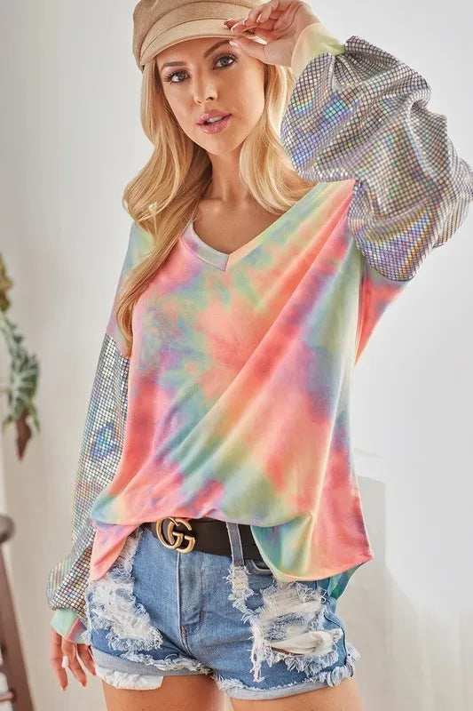 BiBi V Neck Tie Dye French Terry Top with Shiny - Trendsi - Flyclothing LLC