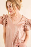And The Why Faux Leather Ruffle Sleeves V Neck Top - Trendsi - Flyclothing LLC