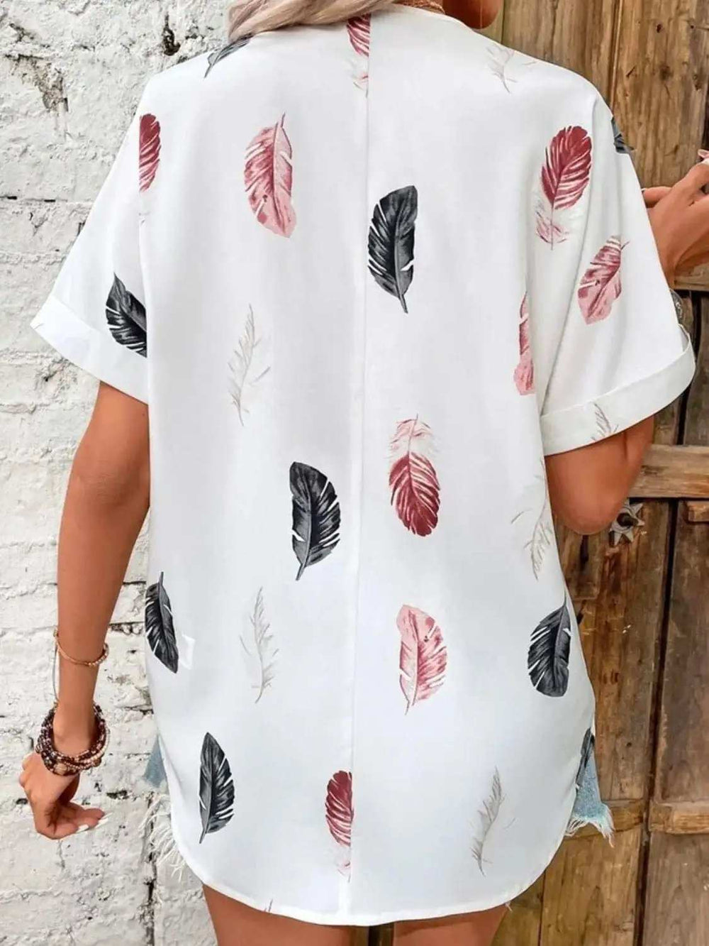Full Size Printed Collared Neck Short Sleeve Blouse - Trendsi - Flyclothing LLC