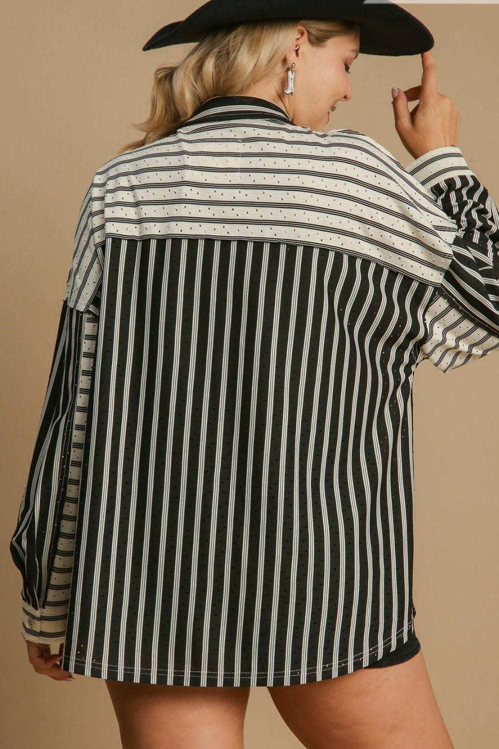 Umgee Full Size Pointelle Stripped Half Button Collared Neck Top Plus Size - Trendsi - Flyclothing LLC