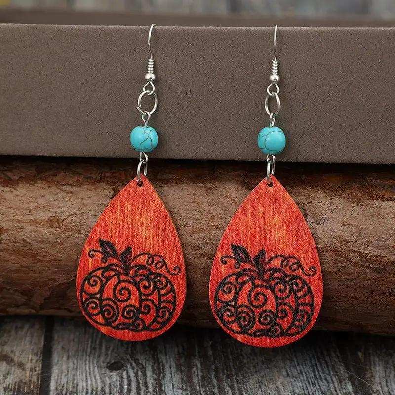 Turquoise Wooden Pumpkin Teardrop Earrings - Trendsi - Flyclothing LLC