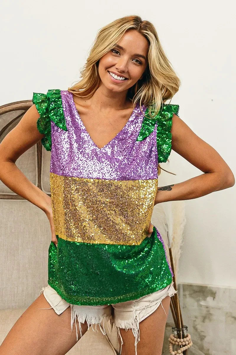 BiBi Mardi Gras Sequin Color Block Ruffled Top - Trendsi - Flyclothing LLC