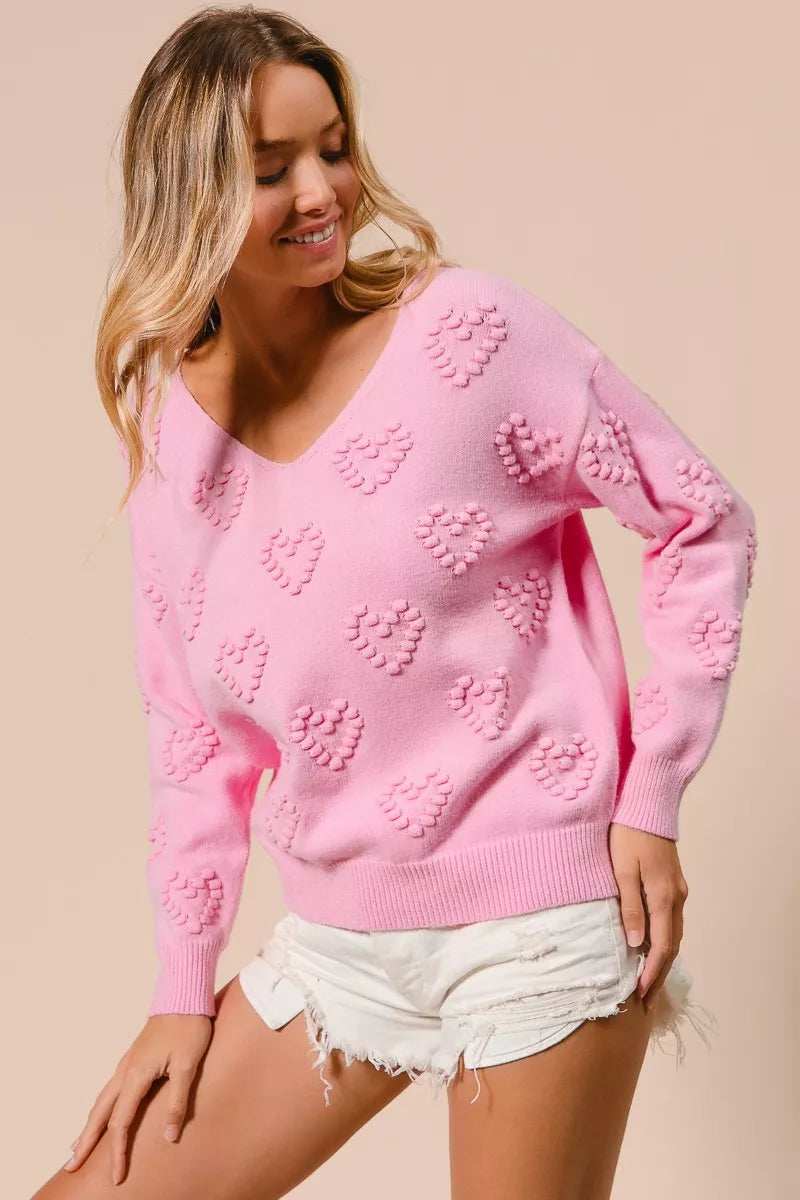 BiBi Valentines Heart Pompom V Neck Knit Top - Trendsi - Flyclothing LLC
