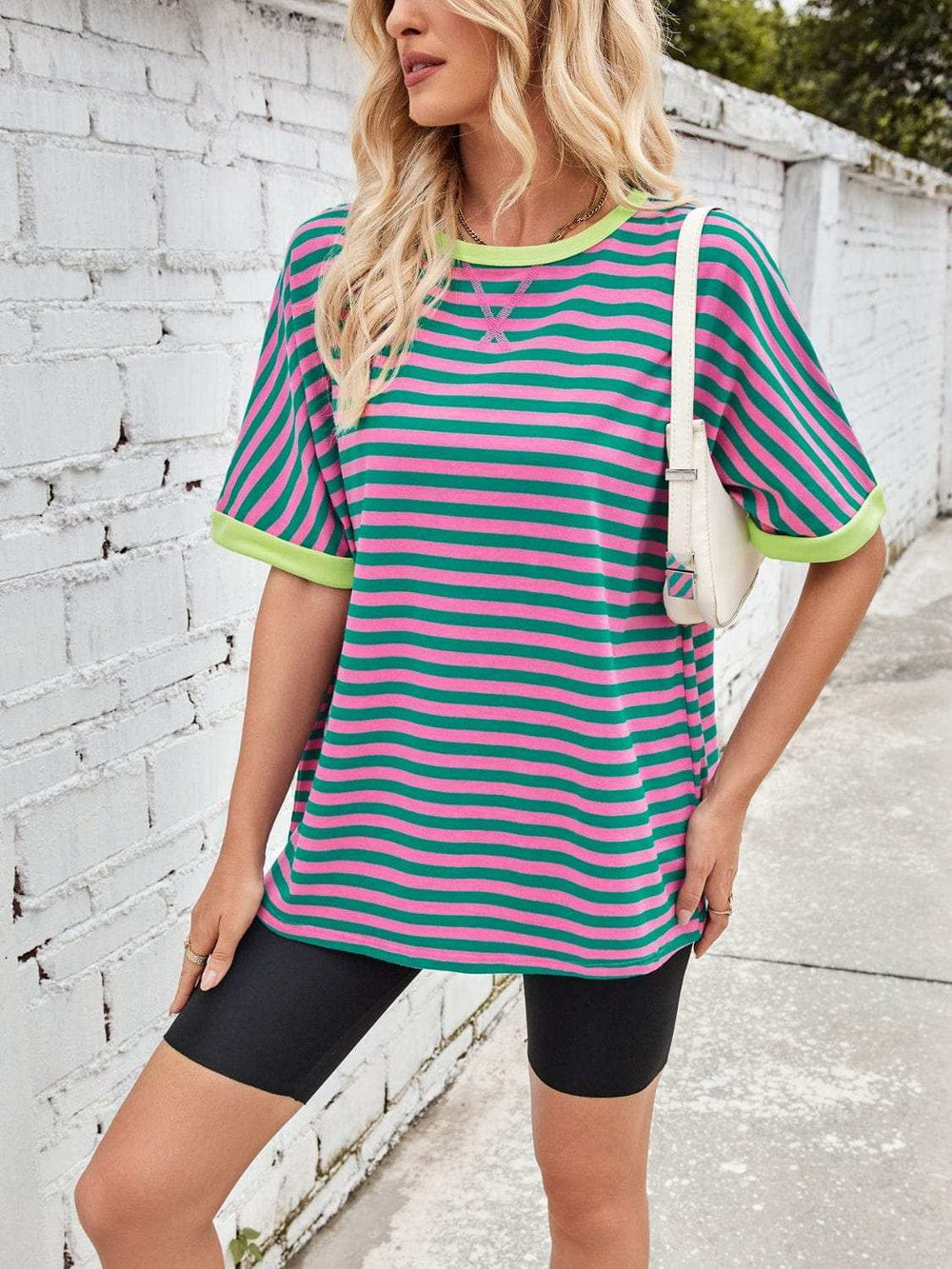 Lovelet Striped Round Neck Half Sleeve T-Shirt - Trendsi - Flyclothing LLC