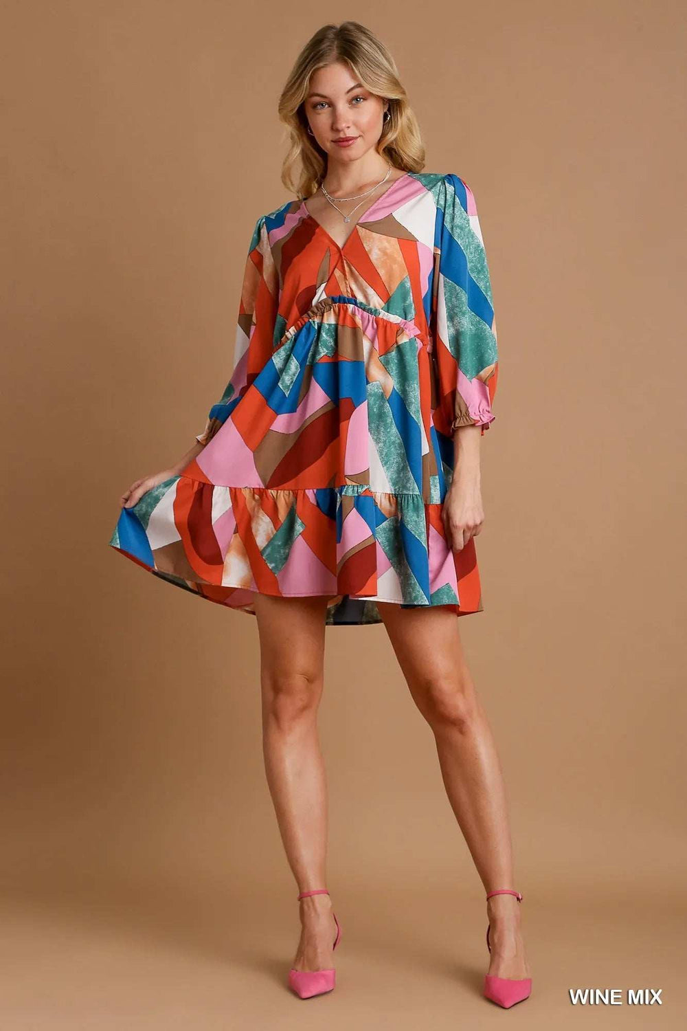 Umgee Abstract V-Neck Tiered Printed Dress - Trendsi - Flyclothing LLC