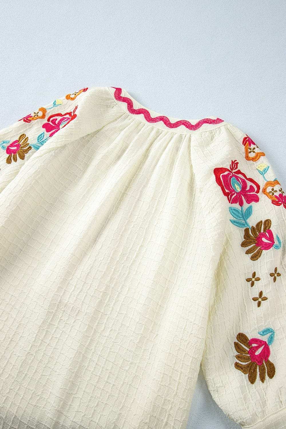 Floral Embroidered Notched Puff Sleeve Blouse - Trendsi - Flyclothing LLC