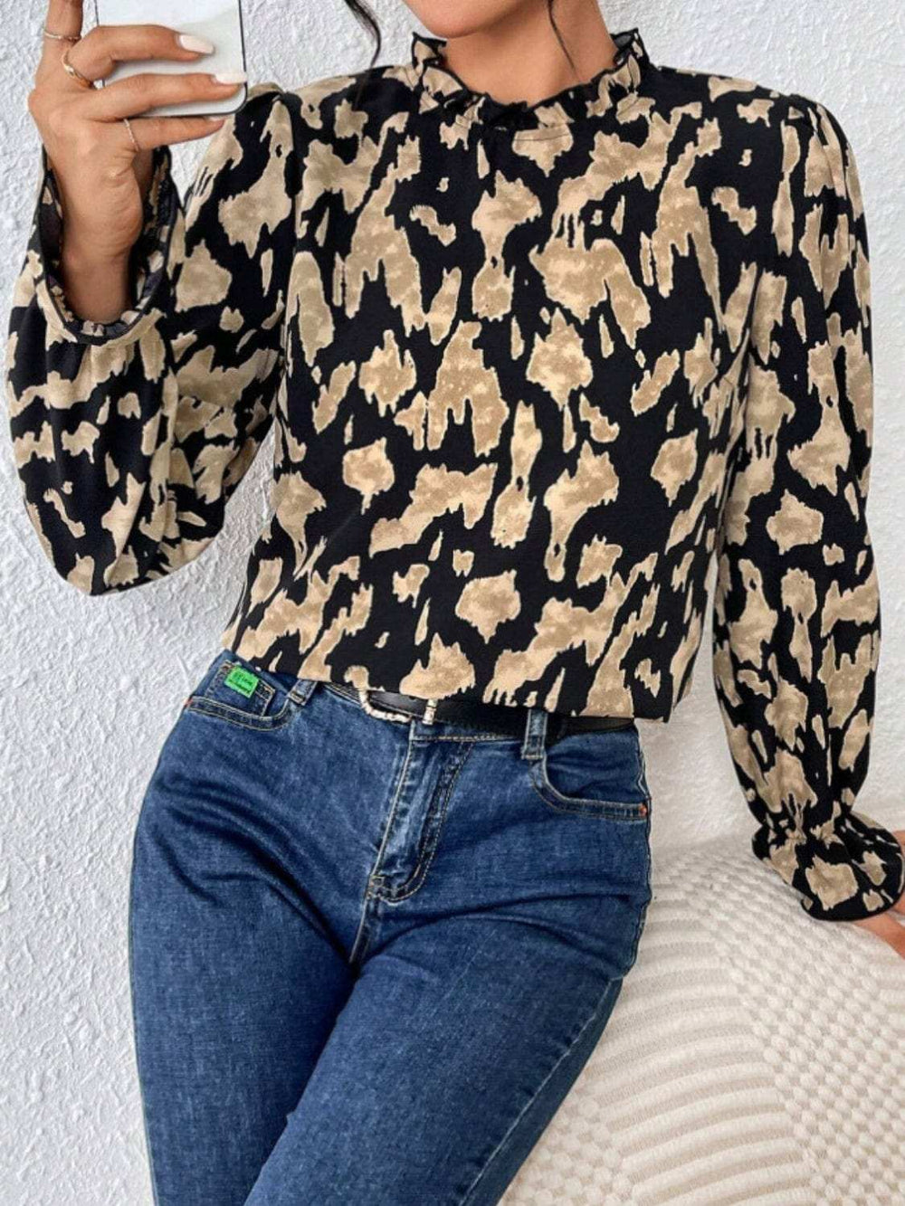 Frill Leopard Mock Neck Flounce Sleeve Blouse - Trendsi - Flyclothing LLC