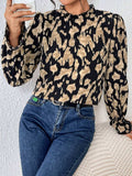 Frill Leopard Mock Neck Flounce Sleeve Blouse - Trendsi - Flyclothing LLC