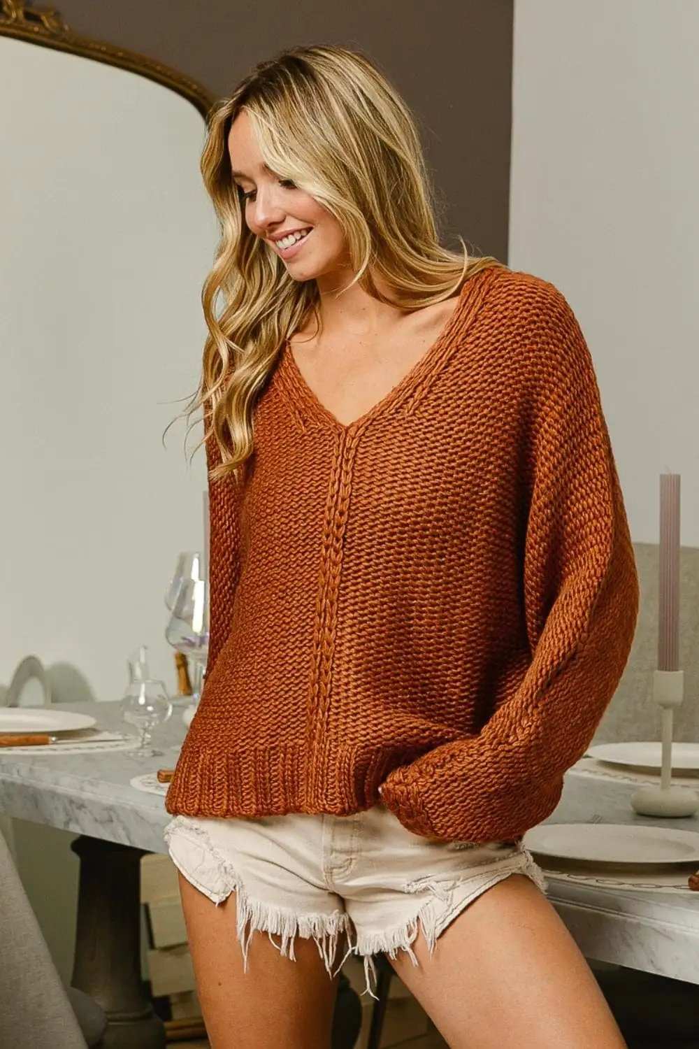 BiBi V-Neck Cable Knit Sweater - Trendsi - Flyclothing LLC