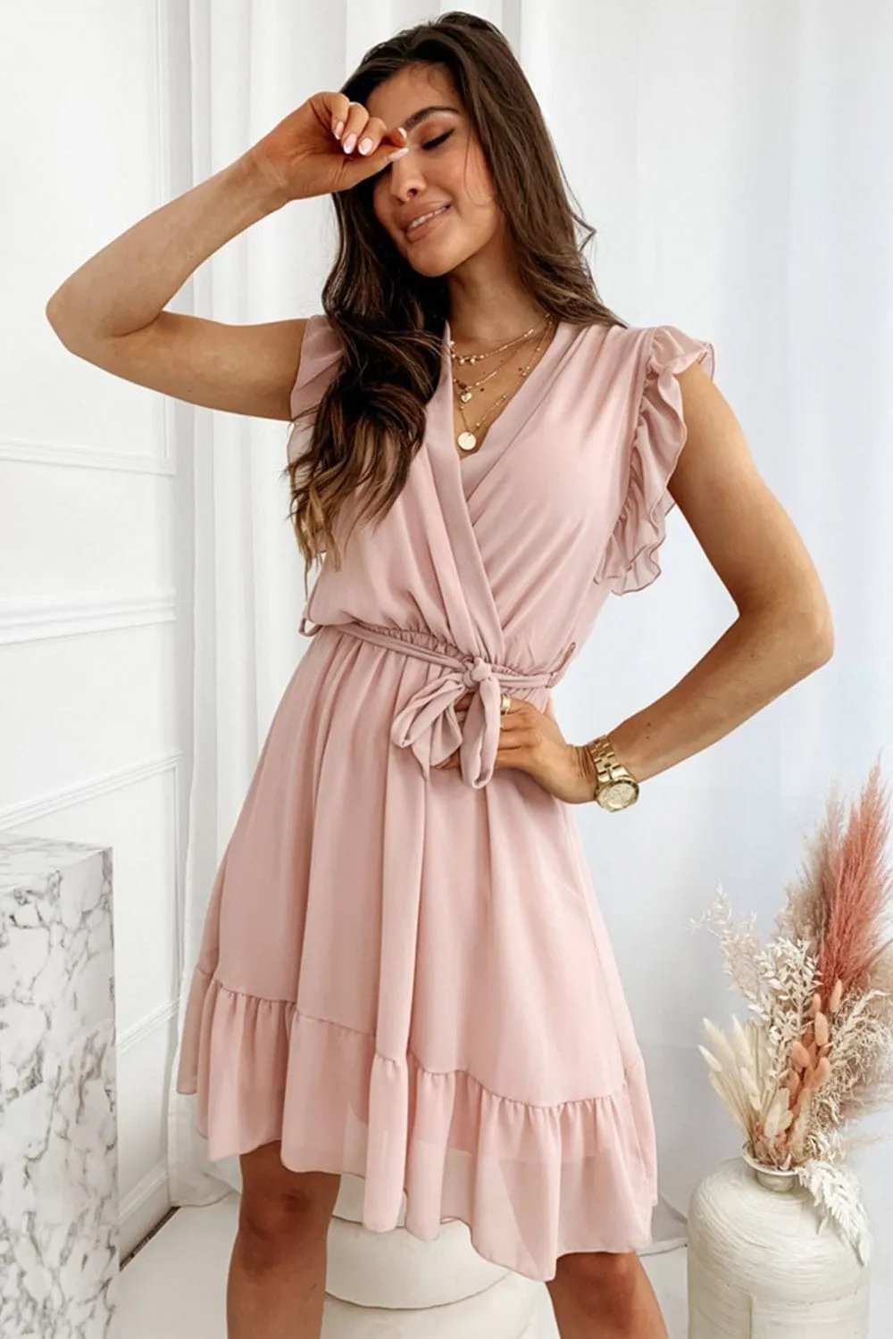 Full Size Ruffled Surplice Cap Sleeve Dress - Trendsi - Flyclothing LLC