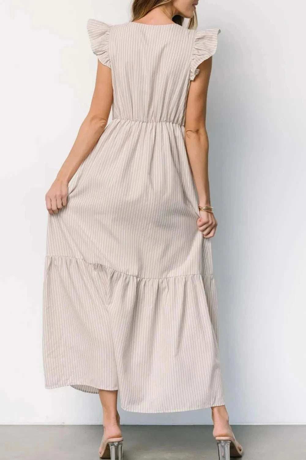 Slit Striped V-Neck Ruffled Cap Sleeve Dress - Trendsi - Flyclothing LLC