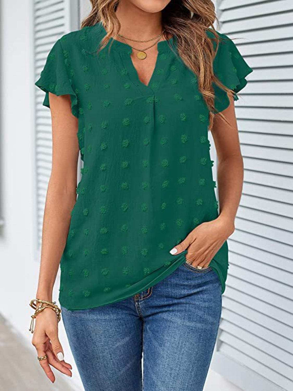 Swiss Dot Notched Cap Sleeve Blouse - Trendsi - Flyclothing LLC