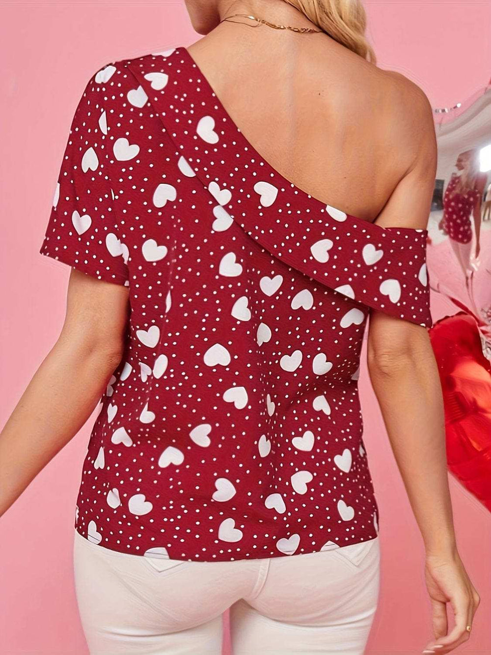 Heart One Shoulder Short Sleeve T-Shirt - Trendsi - Flyclothing LLC