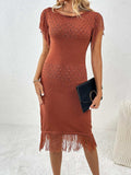 Fringe Openwork Boat Neck Knit Dress - Trendsi - Flyclothing LLC