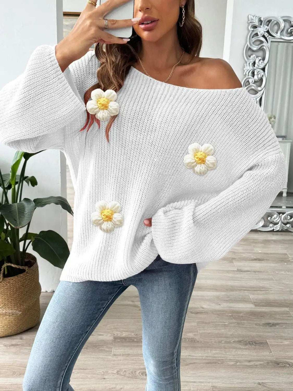 Flower Round Neck Long Sleeve Sweater - Trendsi - Flyclothing LLC