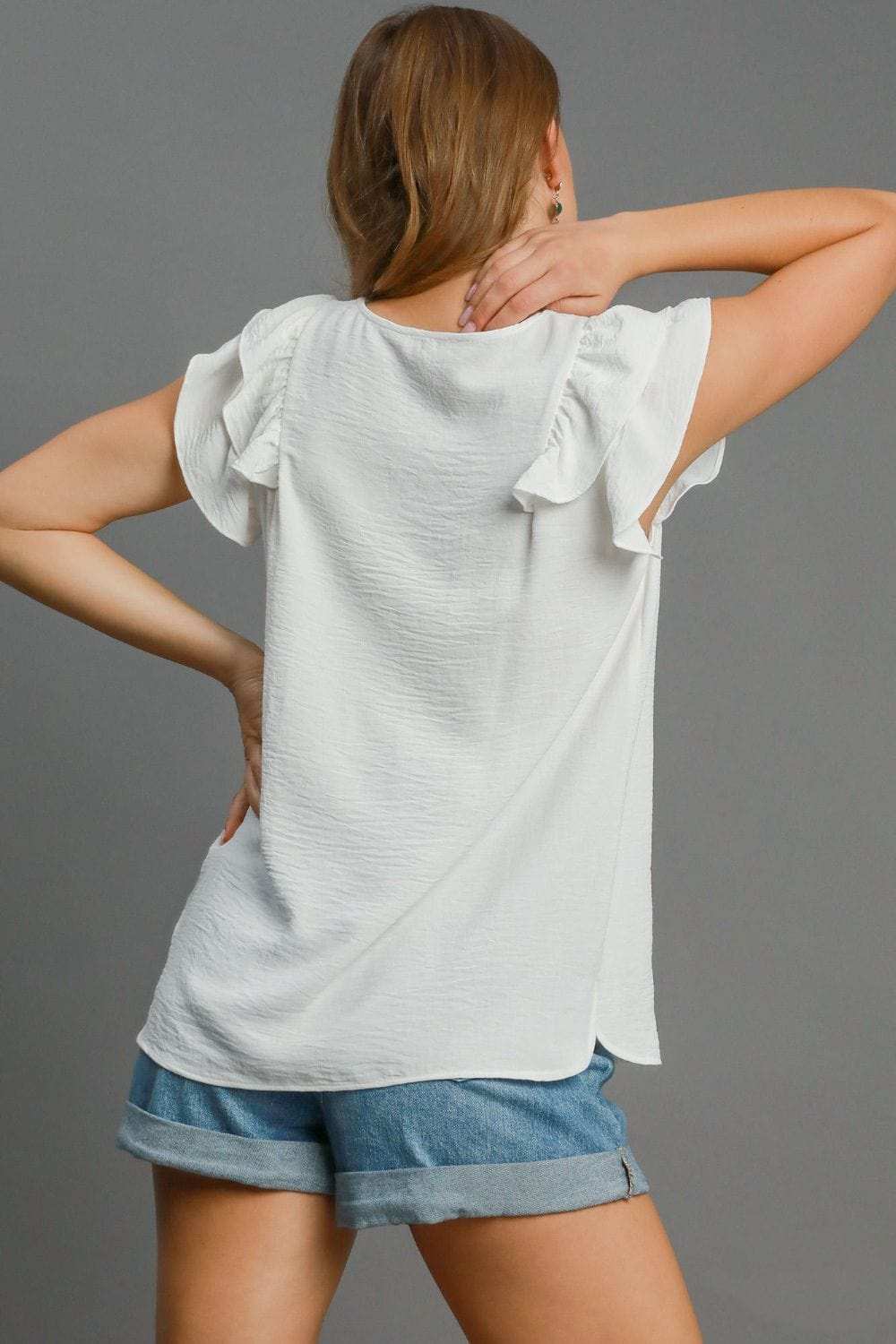 Umgee Full Size V-Neck Double Layered Ruffle Sleeve Blouse Plus Size - Trendsi - Flyclothing LLC