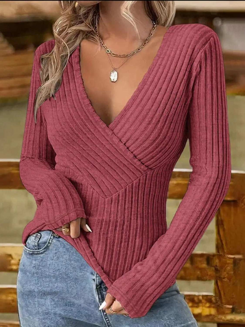 Ribbed Surplice Long Sleeve T-Shirt - Trendsi - Flyclothing LLC