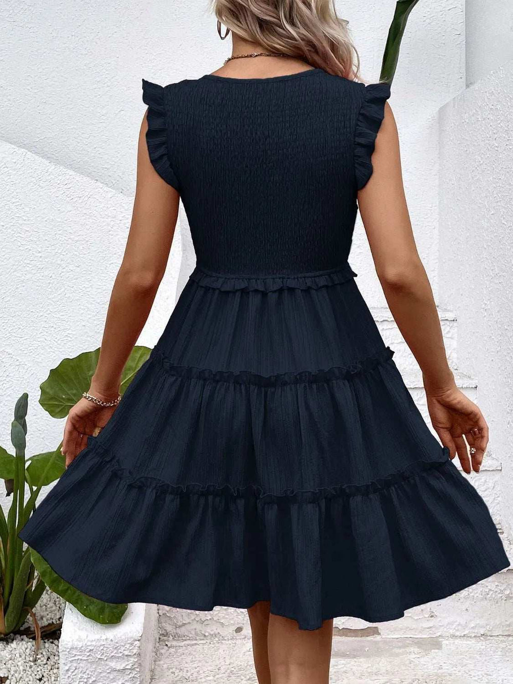 Ruffled V-Neck Cap Sleeve Dress - Trendsi - Flyclothing LLC