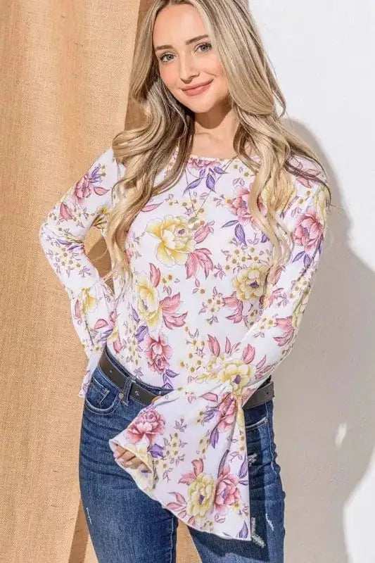 And The Why Floral Printed Bell Sleeve Casual Top - Trendsi - Flyclothing LLC