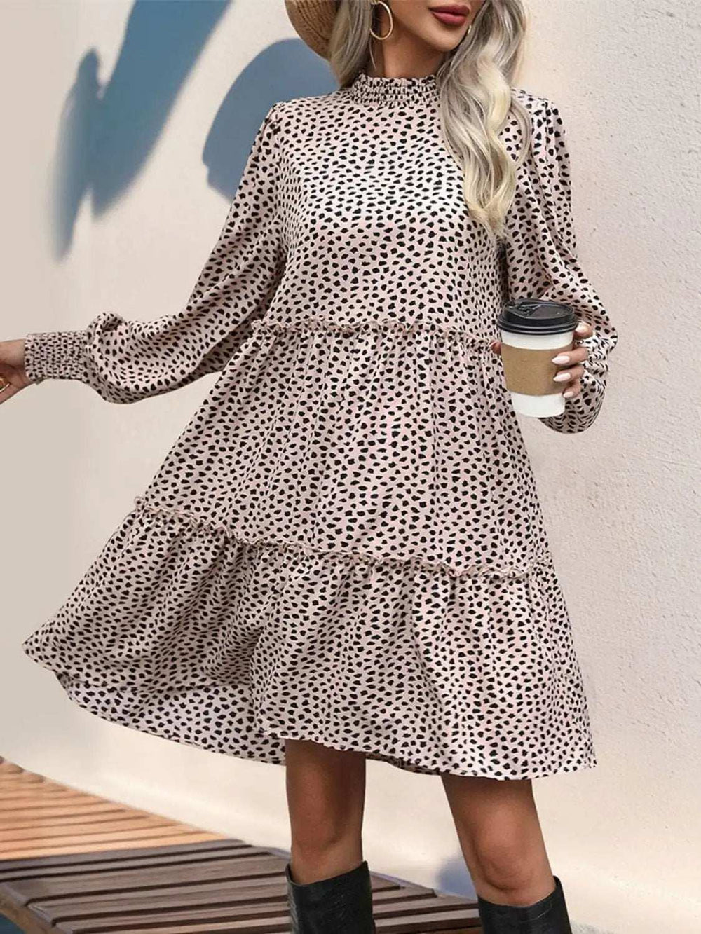 Frill Printed Mock Neck Long Sleeve Mini Dress - Trendsi - Flyclothing LLC